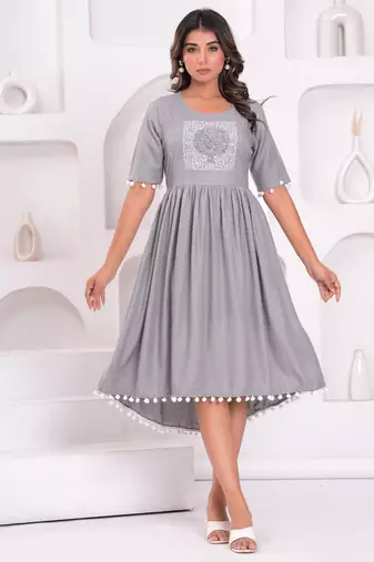 Hand block rayon dobby fabric shot  high-low dress