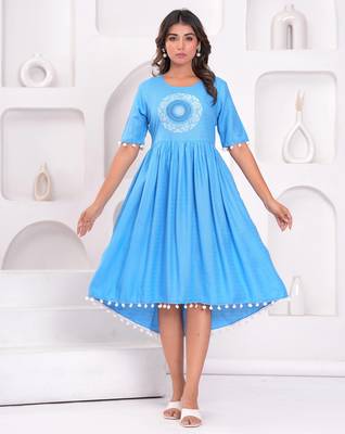 Hand block rayon dobby fabric shot  high-low dress 1
