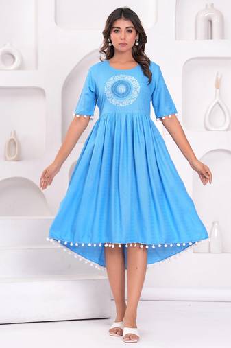 Hand block rayon dobby fabric shot  high-low dress