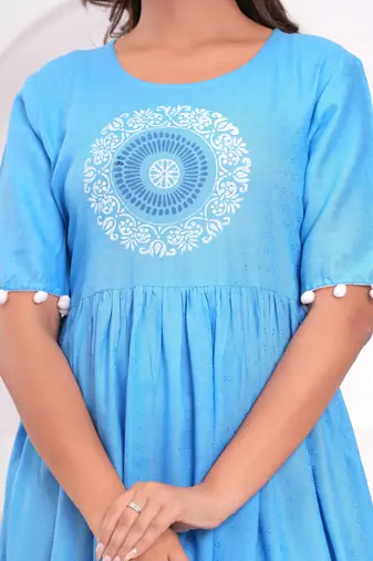 Hand block rayon dobby fabric shot  high-low dress