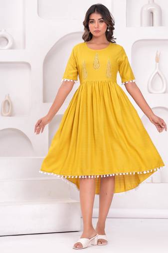 Hand block rayon dobby fabric shot  high-low dress