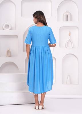 Hand block rayon dobby fabric shot  high-low dress 3