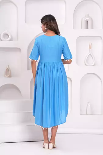 Hand block rayon dobby fabric shot  high-low dress