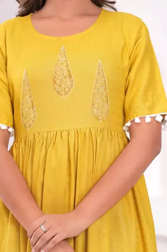Hand block rayon dobby fabric shot  high-low dress
