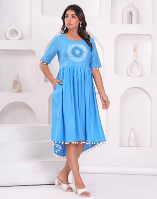 Hand block rayon dobby fabric shot  high-low dress 4