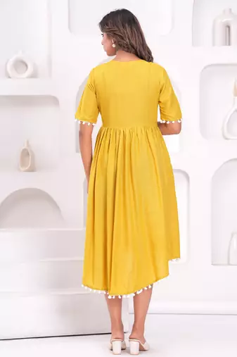 Hand block rayon dobby fabric shot  high-low dress