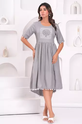 Hand block rayon dobby fabric shot  high-low dress