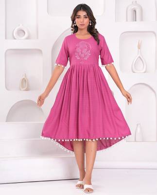 Hand block rayon dobby fabric shot  high-low dress 1