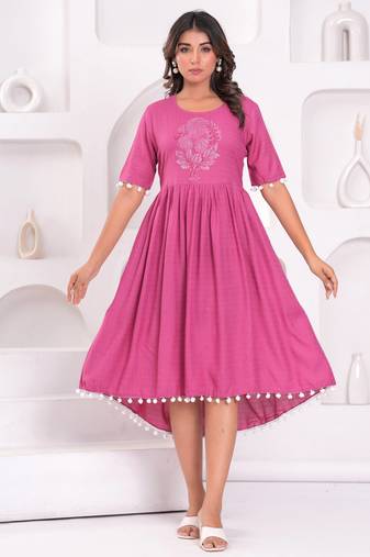 Hand block rayon dobby fabric shot  high-low dress