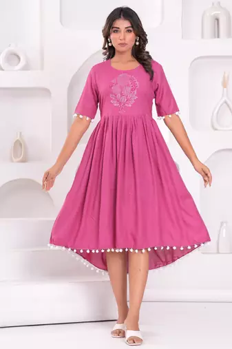 Hand block rayon dobby fabric shot  high-low dress