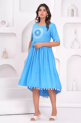 Hand block rayon dobby fabric shot  high-low dress