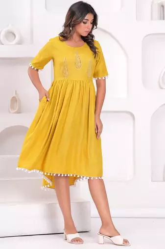 Hand block rayon dobby fabric shot  high-low dress