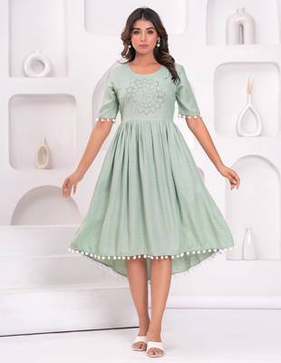 Hand block rayon dobby fabric shot  high-low dress 1