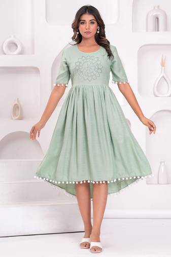 Hand block rayon dobby fabric shot  high-low dress