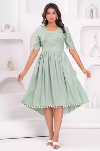 Hand block rayon dobby fabric shot  high-low dress