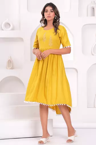 Hand block rayon dobby fabric shot  high-low dress