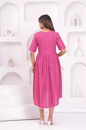 Hand block rayon dobby fabric shot  high-low dress