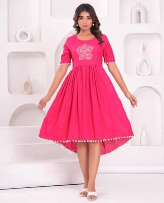 Hand block rayon dobby fabric shot  high-low dress 1