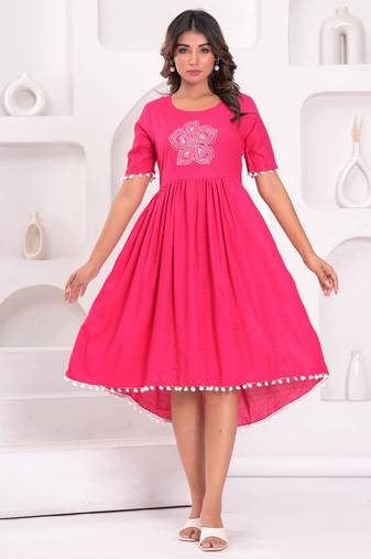 Hand block rayon dobby fabric shot  high-low dress