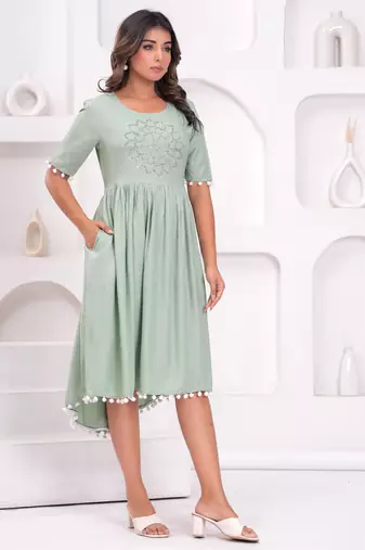 Hand block rayon dobby fabric shot  high-low dress