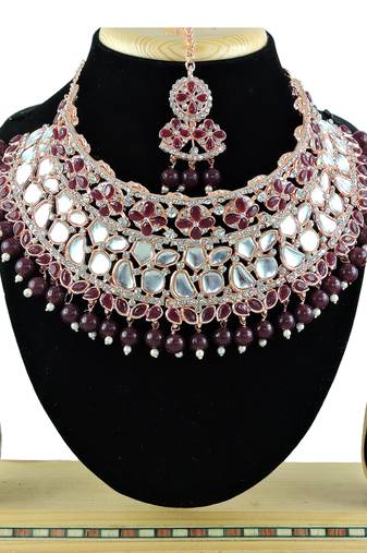 Maroon designer function wear ad necklace set