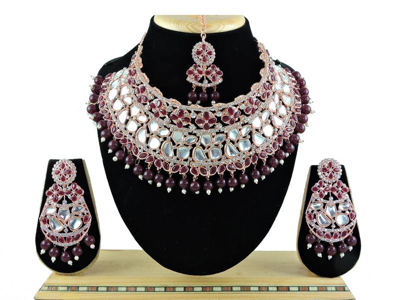 Maroon designer function wear ad necklace set