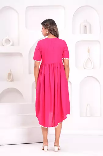 Hand block rayon dobby fabric shot  high-low dress