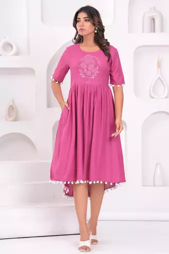 Hand block rayon dobby fabric shot  high-low dress