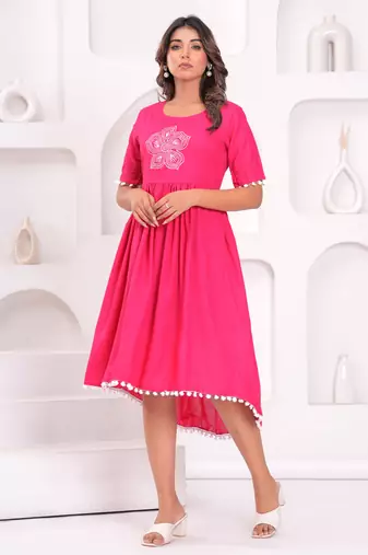 Hand block rayon dobby fabric shot  high-low dress