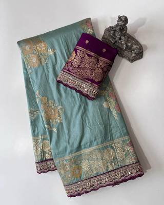 Pastel Blue Color Designer Floral Dola Silk Saree 1