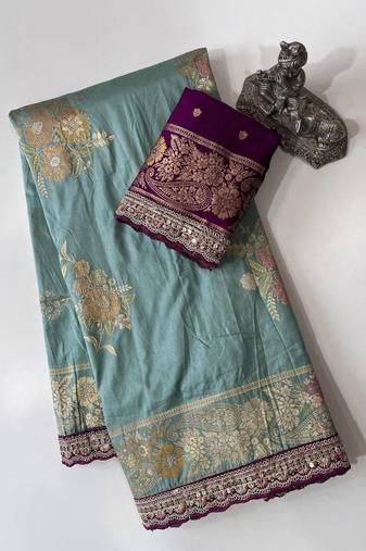Pastel Blue Color Designer Floral Dola Silk Saree