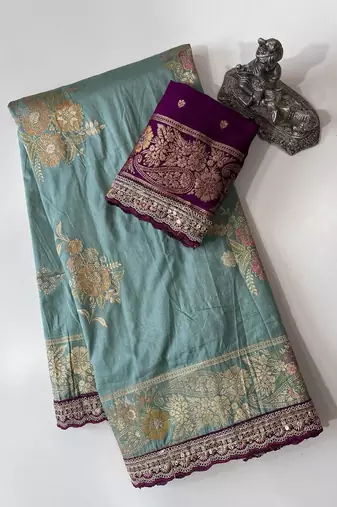 Pastel Blue Color Designer Floral Dola Silk Saree
