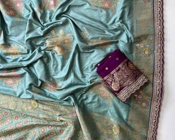 Pastel Blue Color Designer Floral Dola Silk Saree 2
