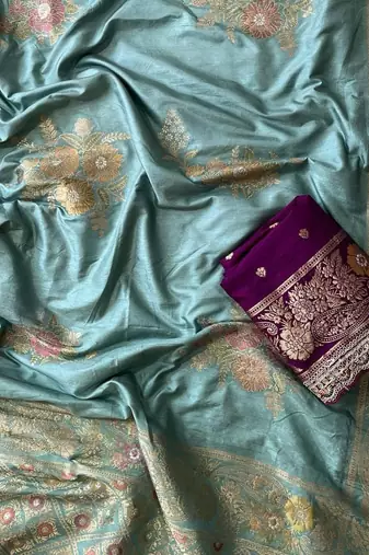 Pastel Blue Color Designer Floral Dola Silk Saree