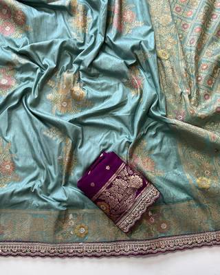 Pastel Blue Color Designer Floral Dola Silk Saree 3