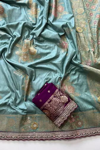 Pastel Blue Color Designer Floral Dola Silk Saree