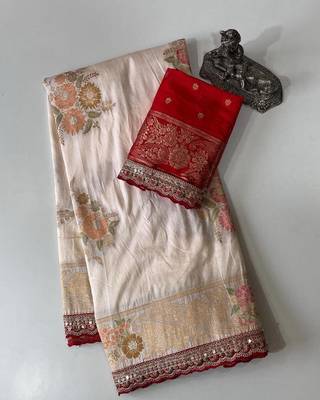 Cream Color Designer Floral Dola Silk Saree 1