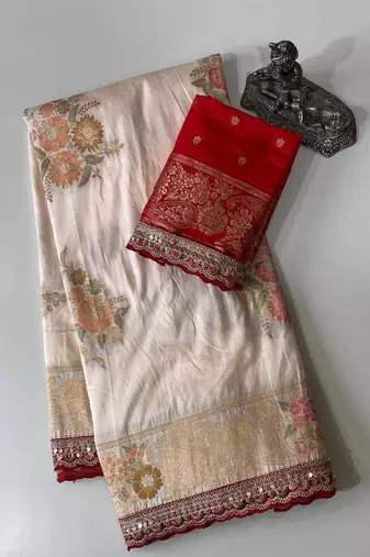 Cream Color Designer Floral Dola Silk Saree