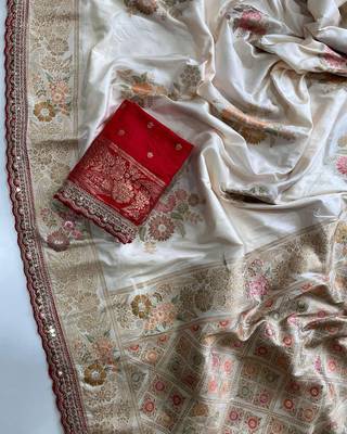 Cream Color Designer Floral Dola Silk Saree 2