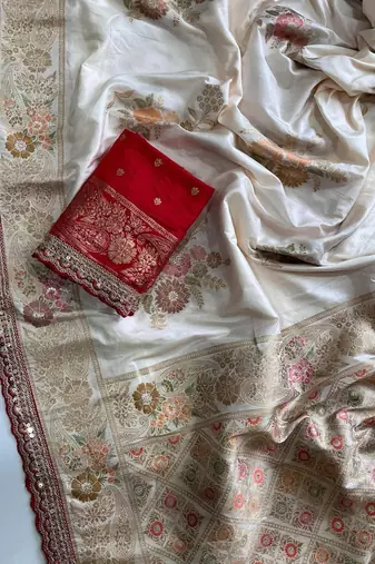 Cream Color Designer Floral Dola Silk Saree
