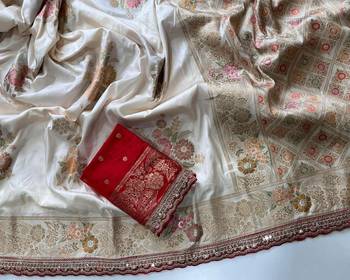 Cream Color Designer Floral Dola Silk Saree 3