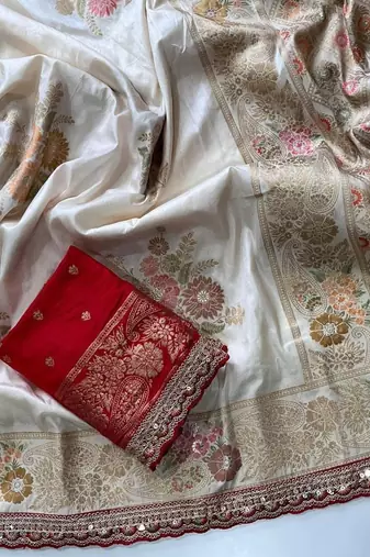 Cream Color Designer Floral Dola Silk Saree
