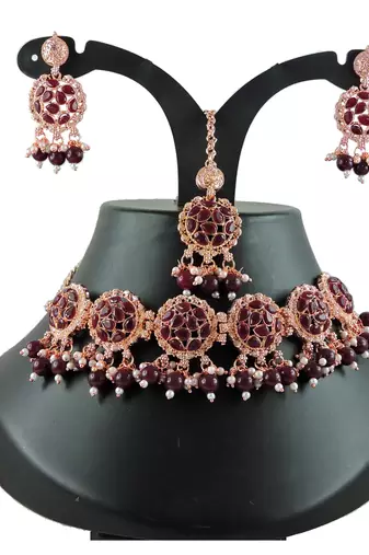 Maroon designer function wear ad necklace set
