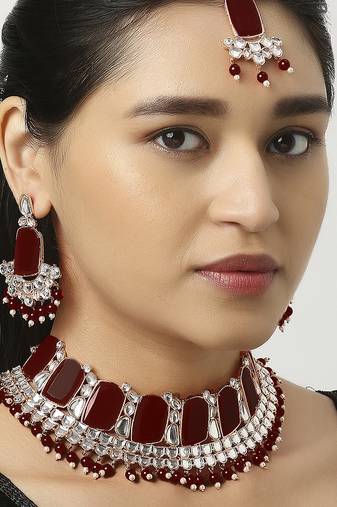 Maroon designer function wear ad necklace set