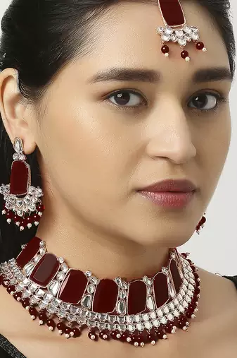 Maroon designer function wear ad necklace set