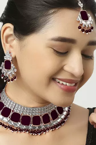 Maroon designer function wear ad necklace set