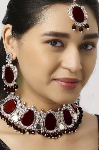 Maroon designer function wear ad necklace set