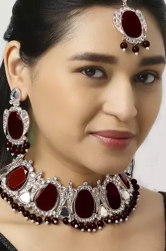 Maroon designer function wear ad necklace set