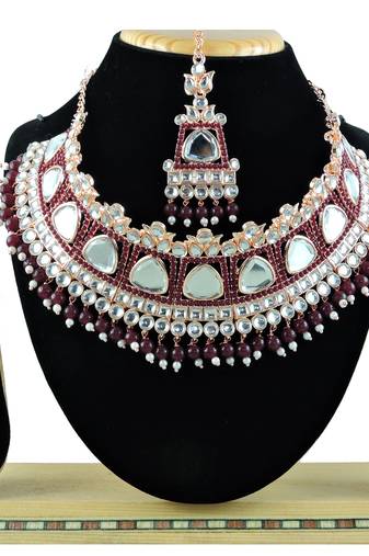 Maroon designer function wear ad necklace set