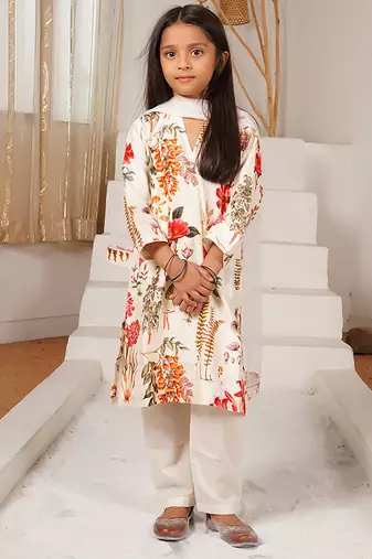 White floral printed chanderi kurta set